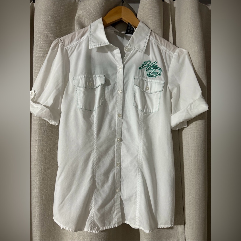 HARLEY DAVIDSON White BUTTON DOWN Short Sleeve BLOUSE SHIRT TOP~ Women's Medium